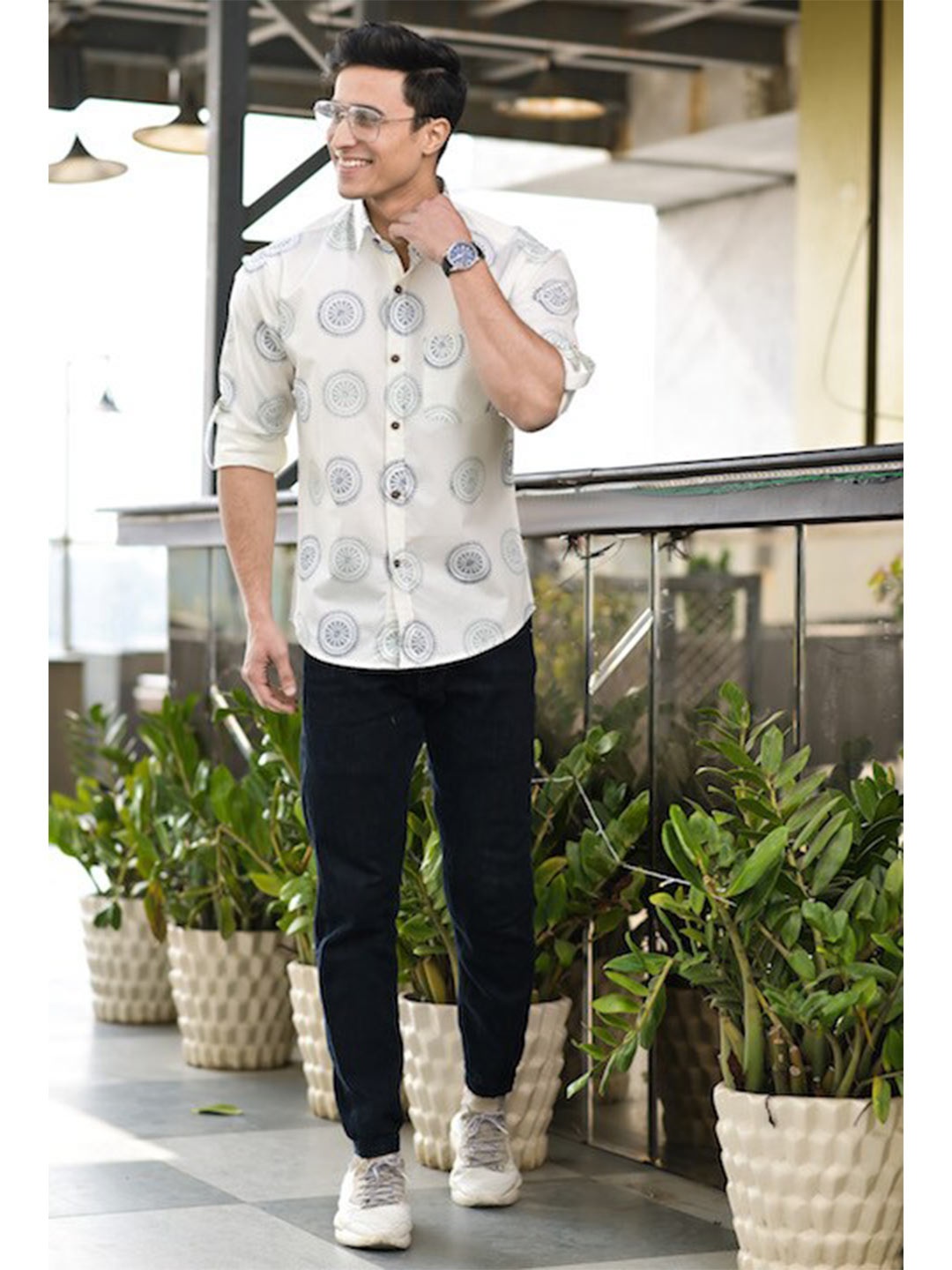 

Hatheli Ethnic Motifs Block Printed Cotton Casual Shirt, White