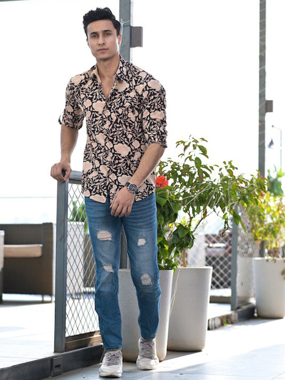 

Hatheli Floral Printed Cotton Casual Shirt, Black