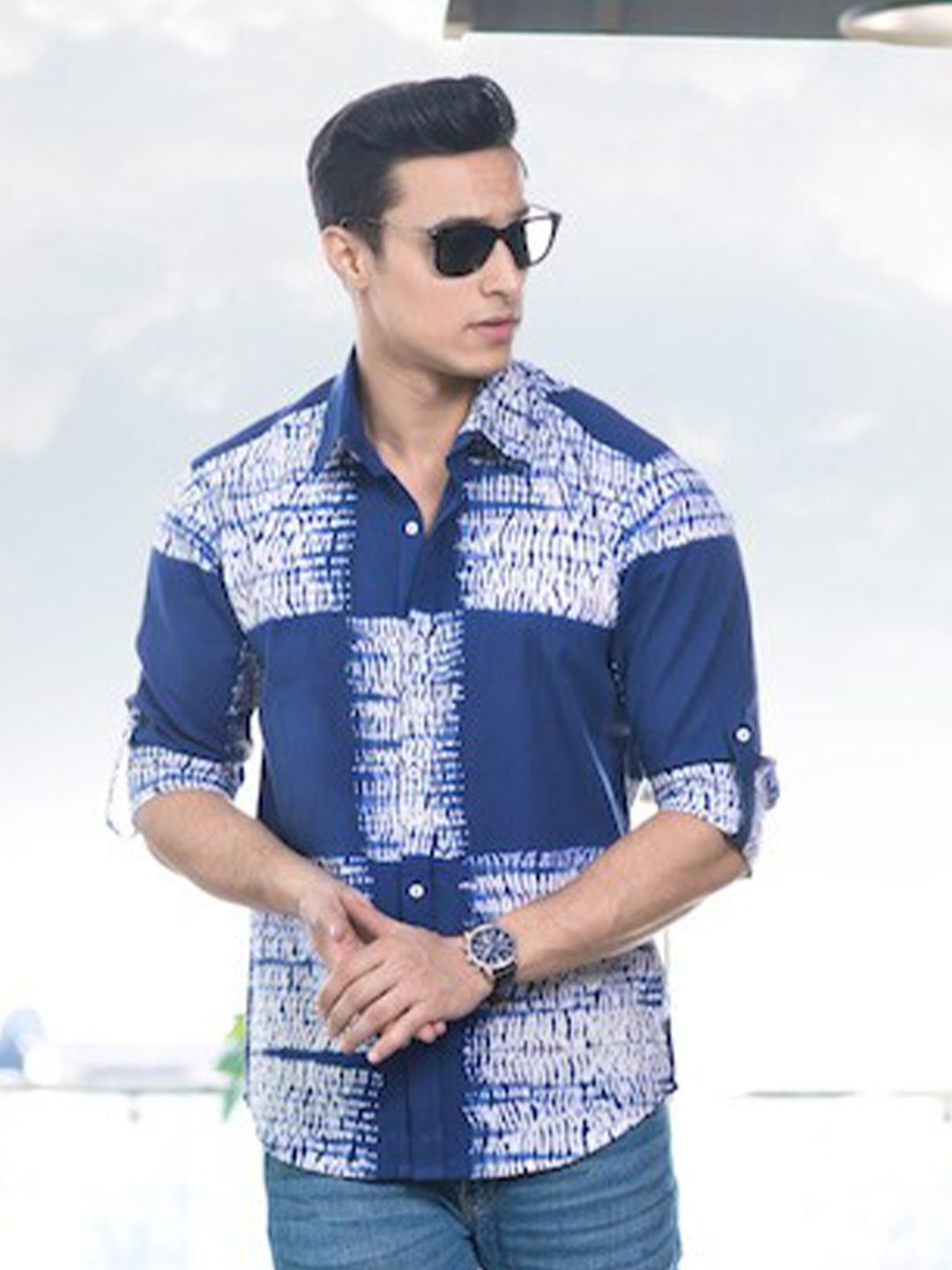 

Hatheli Spread Collar Tie & Dye Casual Cotton Shirt, Blue