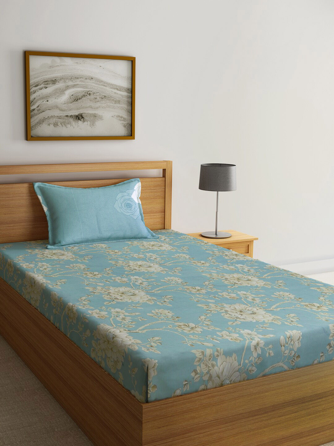 

KLOTTHE Turquoise Blue Printed Fitted 400TC Pure Cotton Single Bedsheet & 1 Pillow Cover