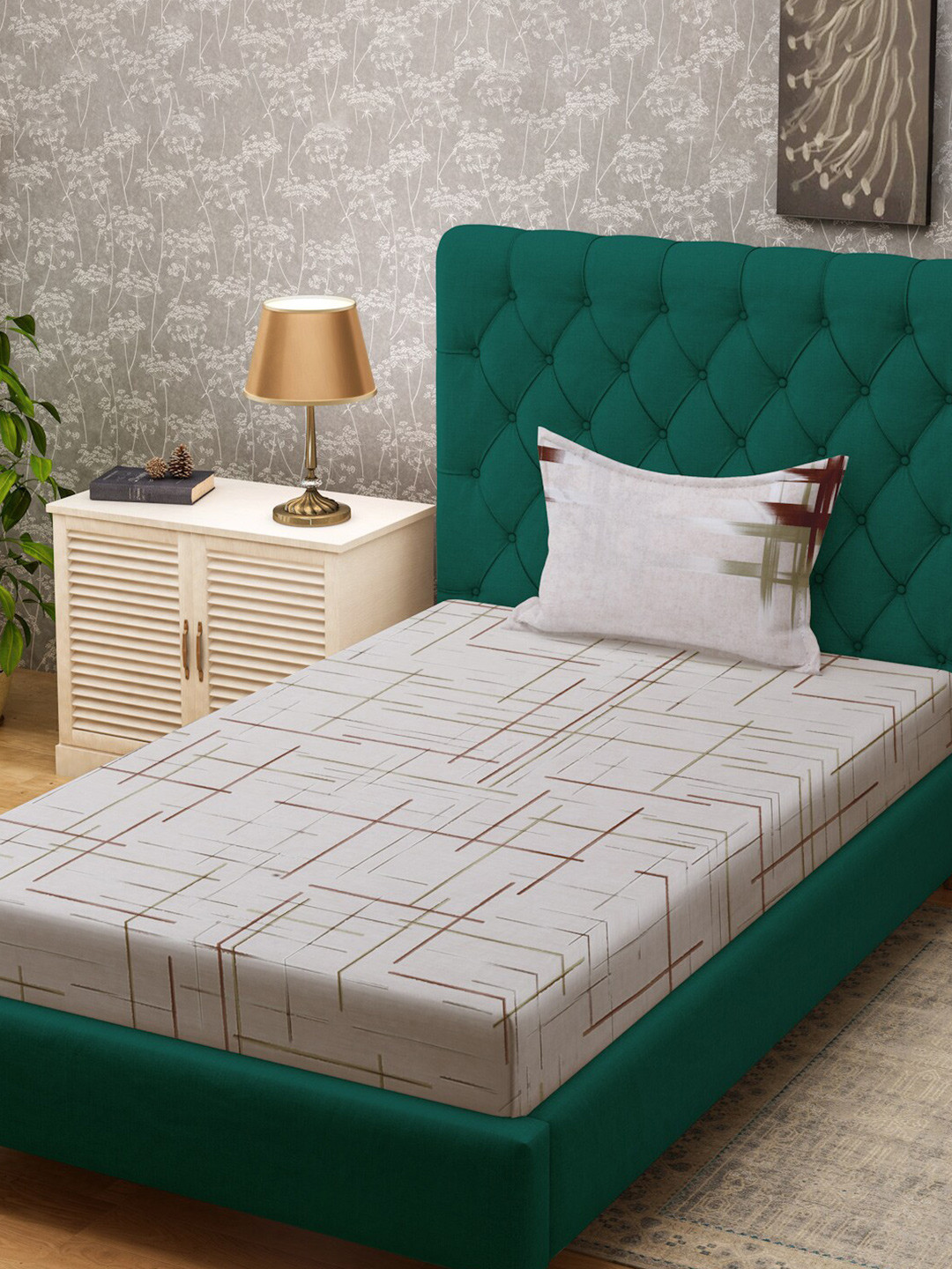 

KLOTTHE Book Fold Beige Printed 400 TC Cotton Fitted Single Bedsheet & 1 Pillow Cover
