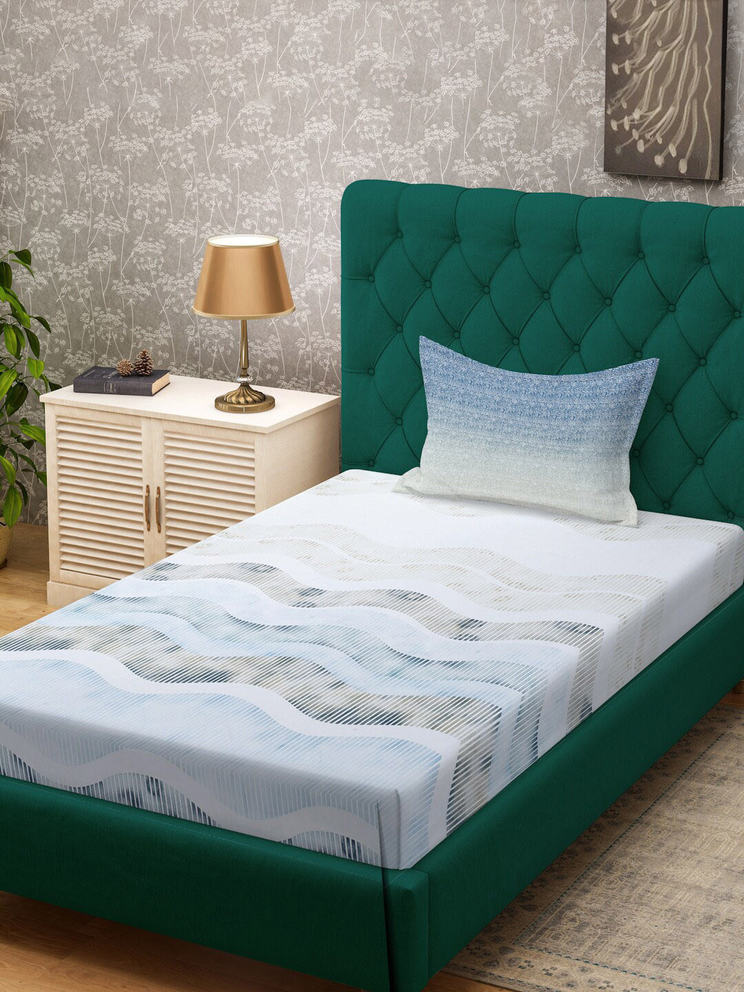

KLOTTHE White & Blue Printed Fitted 400 TC Cotton Single Bedsheet With 1 Pillow Cover