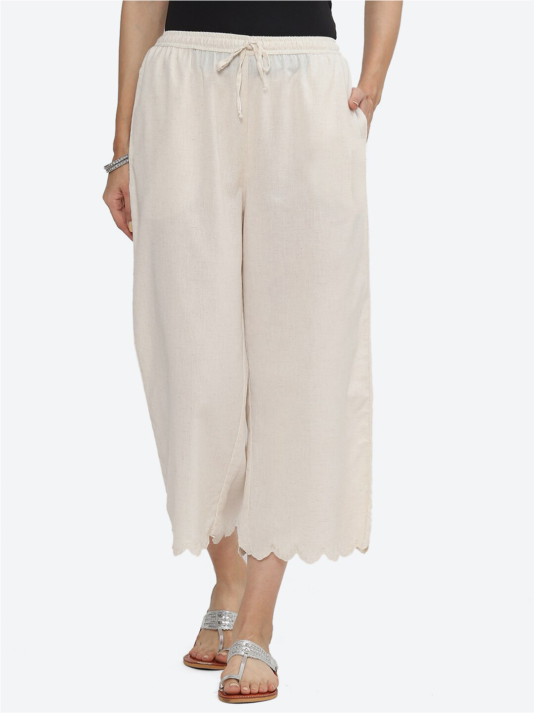 

Biba Women Wide Leg Fit Cotton Ethnic Palazzos, Cream