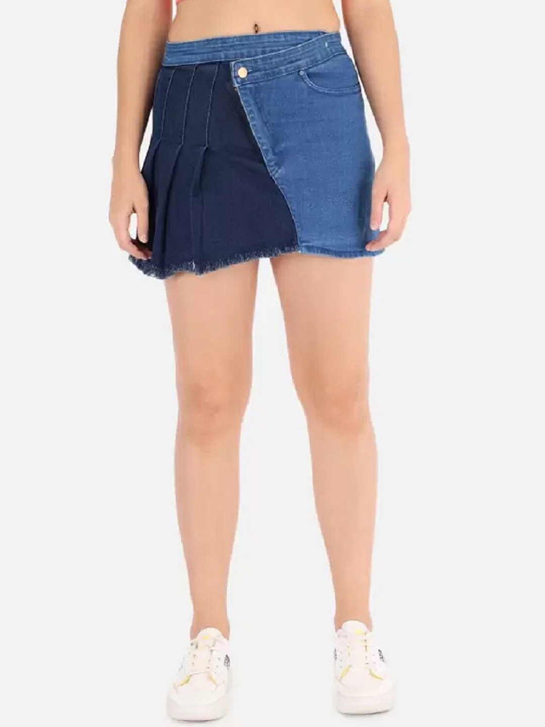 

The Dry State Blue Mid-Rise Colourblocked Mini Denim Skirt
