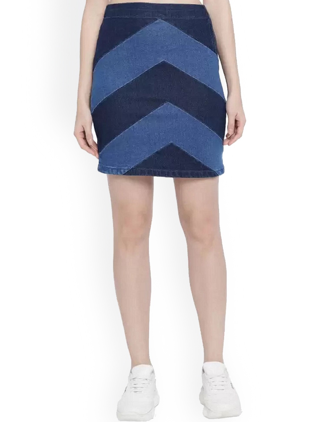 

The Dry State Blue Mid-Rise Colourblocked Mini Denim Skirt