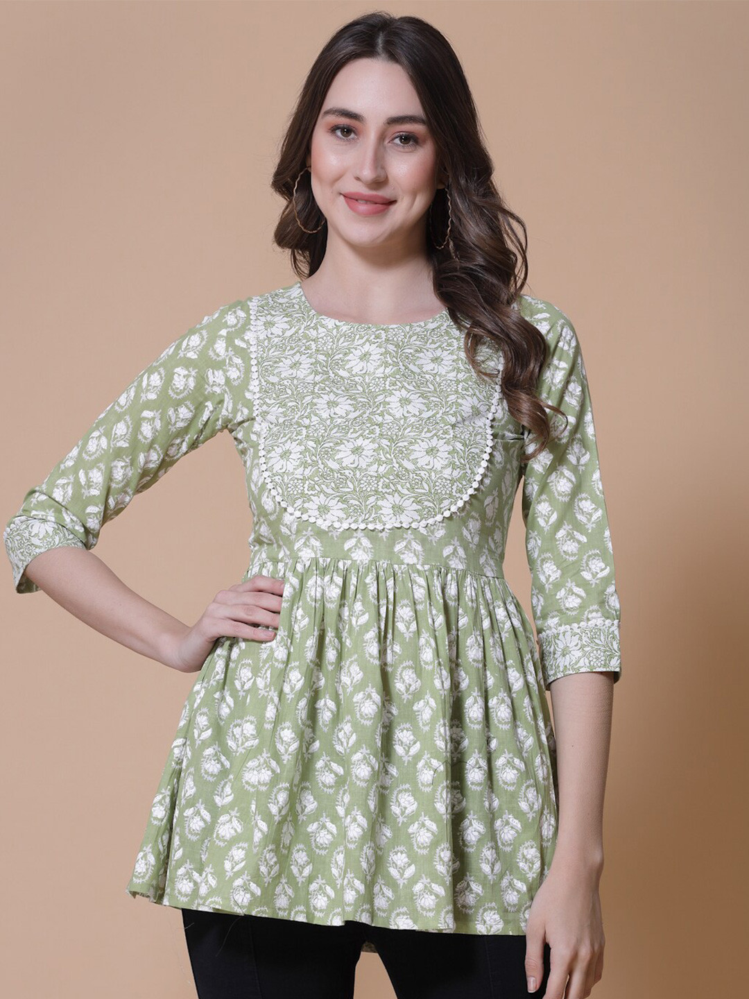 

God Bless Floral Printed Cotton Peplums Top, Green