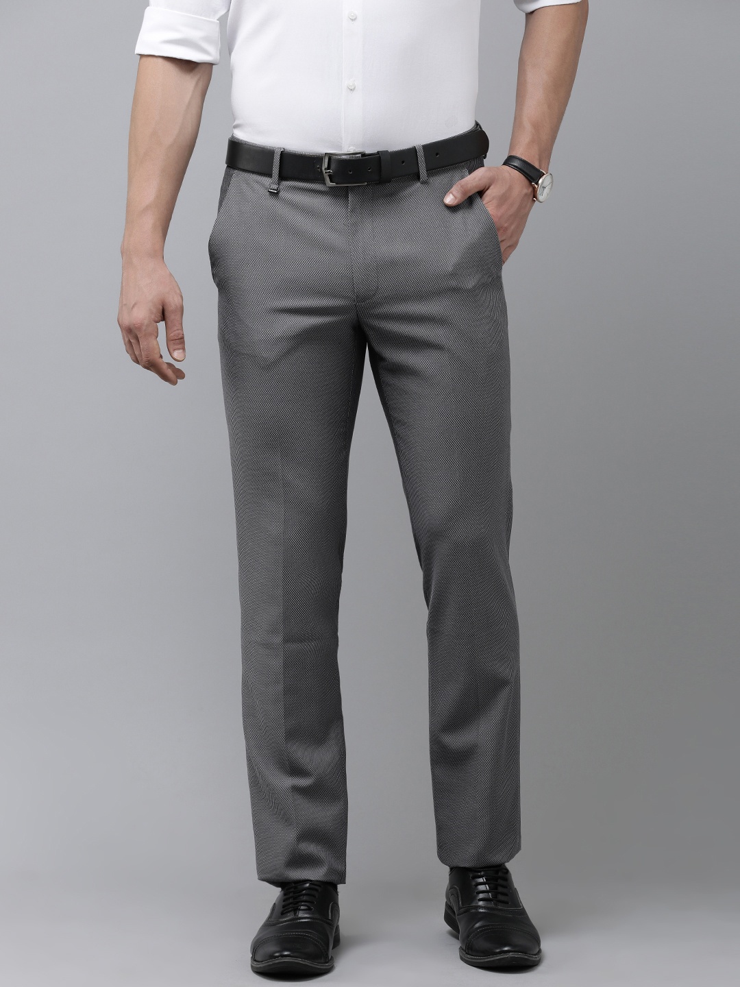 

Van Heusen Men Grey Textured Slim Fit Trousers