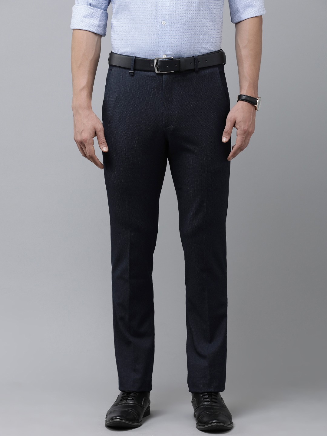 

Van Heusen Men Navy Blue Textured Slim Fit Trousers