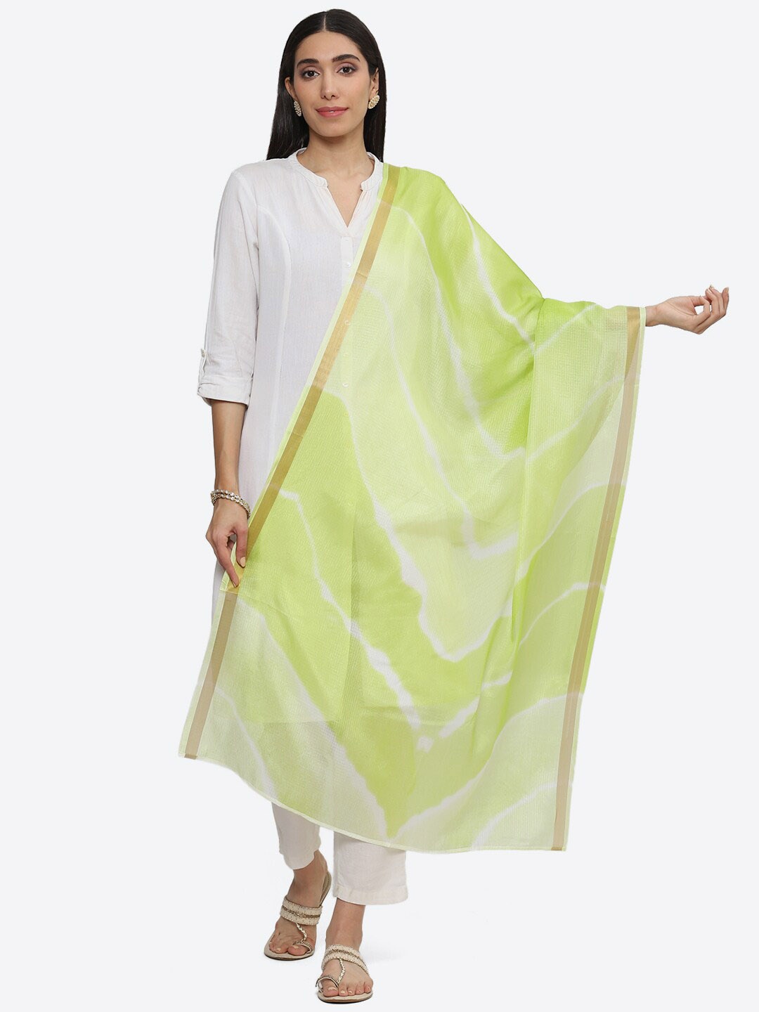 

Biba Tye And Dye Printed Dupatta with Zari, Lime green
