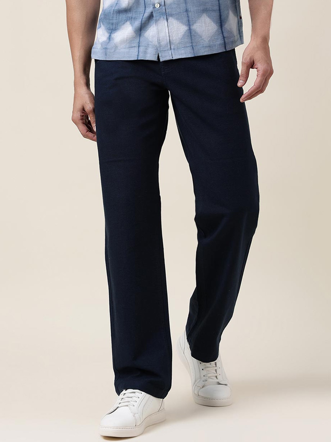

Fabindia Men Mid-Rise Cotton Chinos Trousers, Navy blue