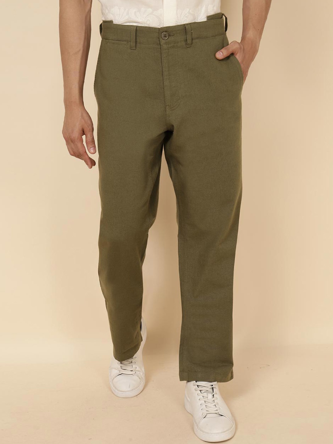 

Fabindia Men Mid-Rise Cotton Trousers, Olive