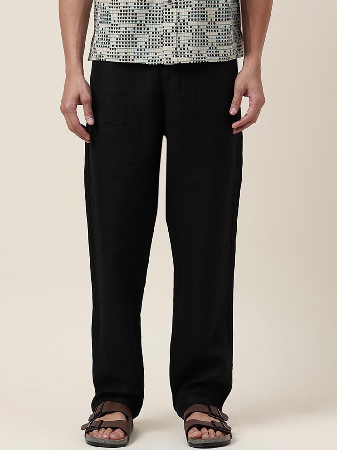 

Fabindia Men Mid Rise Linen Parallel Trousers, Black
