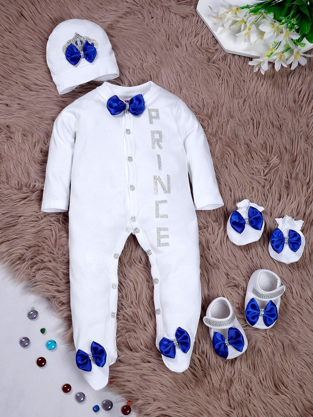 

TINY MINY ME Infant Boys Prince Print Bow Detail Cotton Sleepsuit Set, White