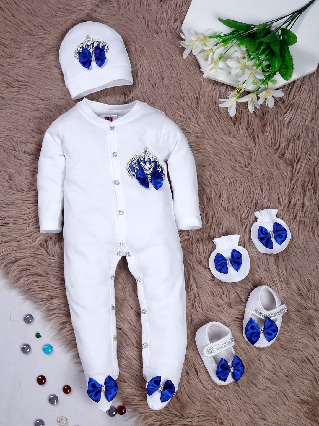 

TINY MINY ME Infants Pack Of 4 Pure Cotton Embellished & Bow Detail Baby Apparel Gift Set, White
