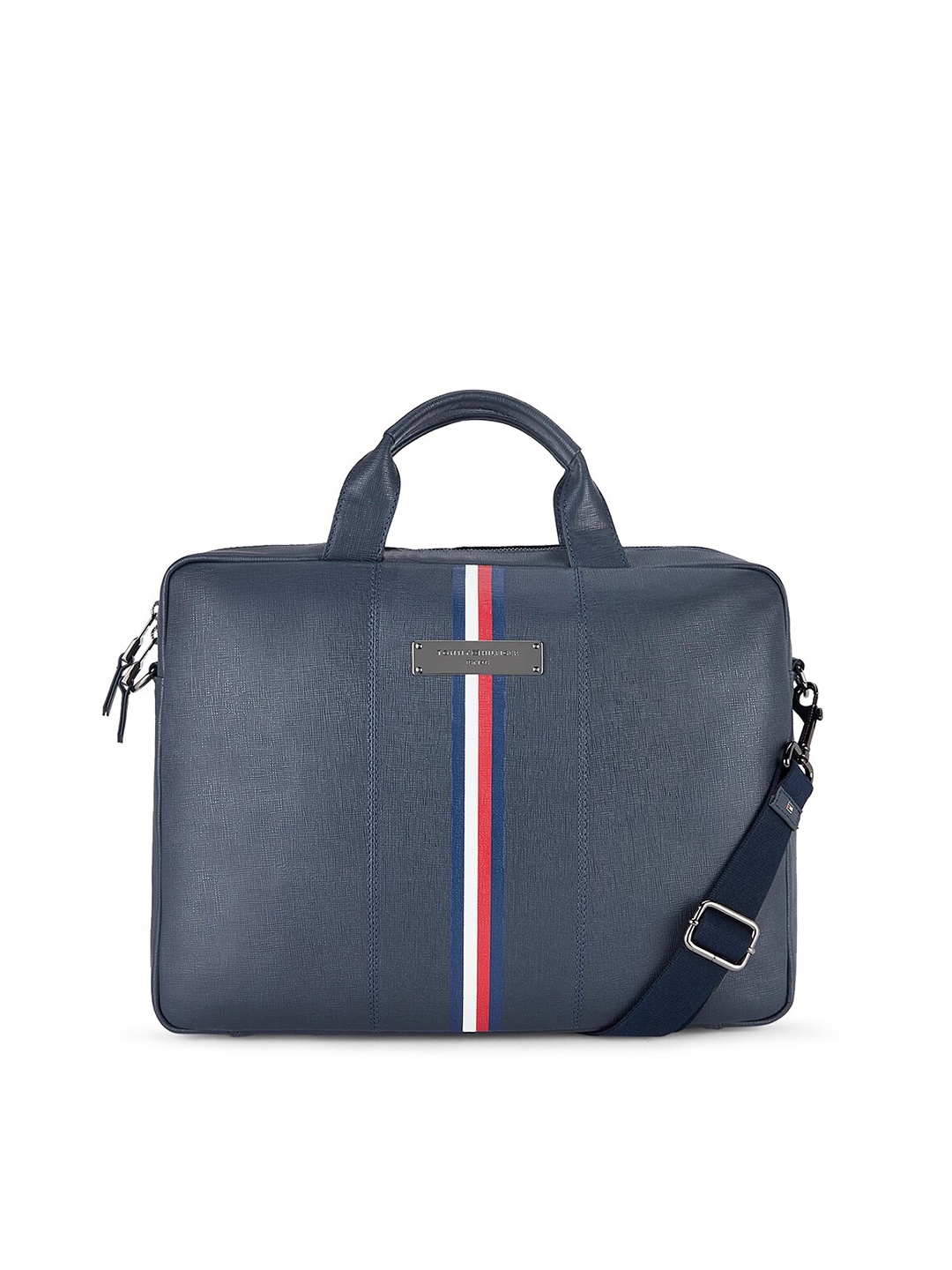 

Tommy Hilfiger Men Textured Leather Laptop Bag, Navy blue