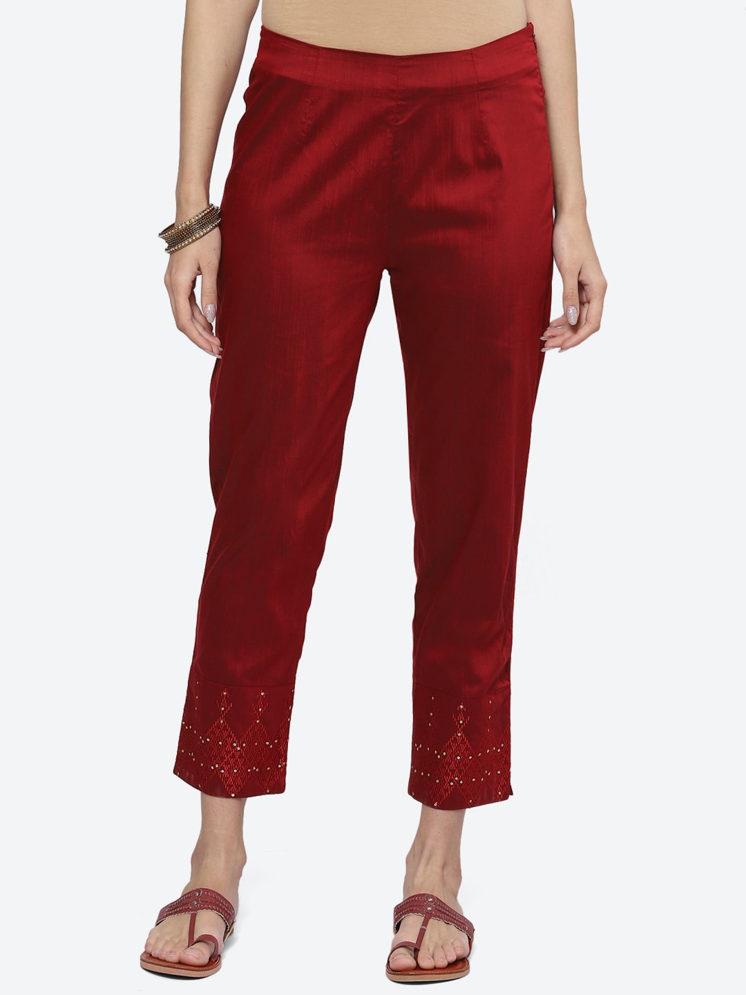 

Biba Women Embroidered Relaxed Mid Rise Trousers, Maroon