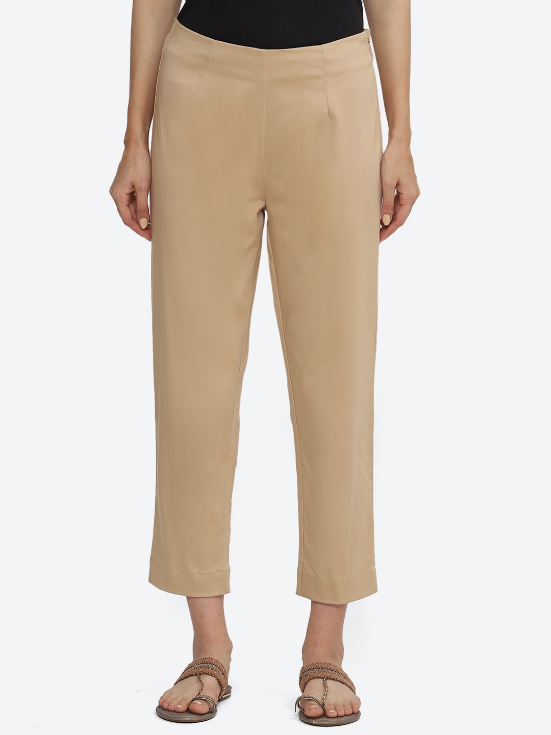

Biba Women Relaxed Mid Rise Trousers, Beige