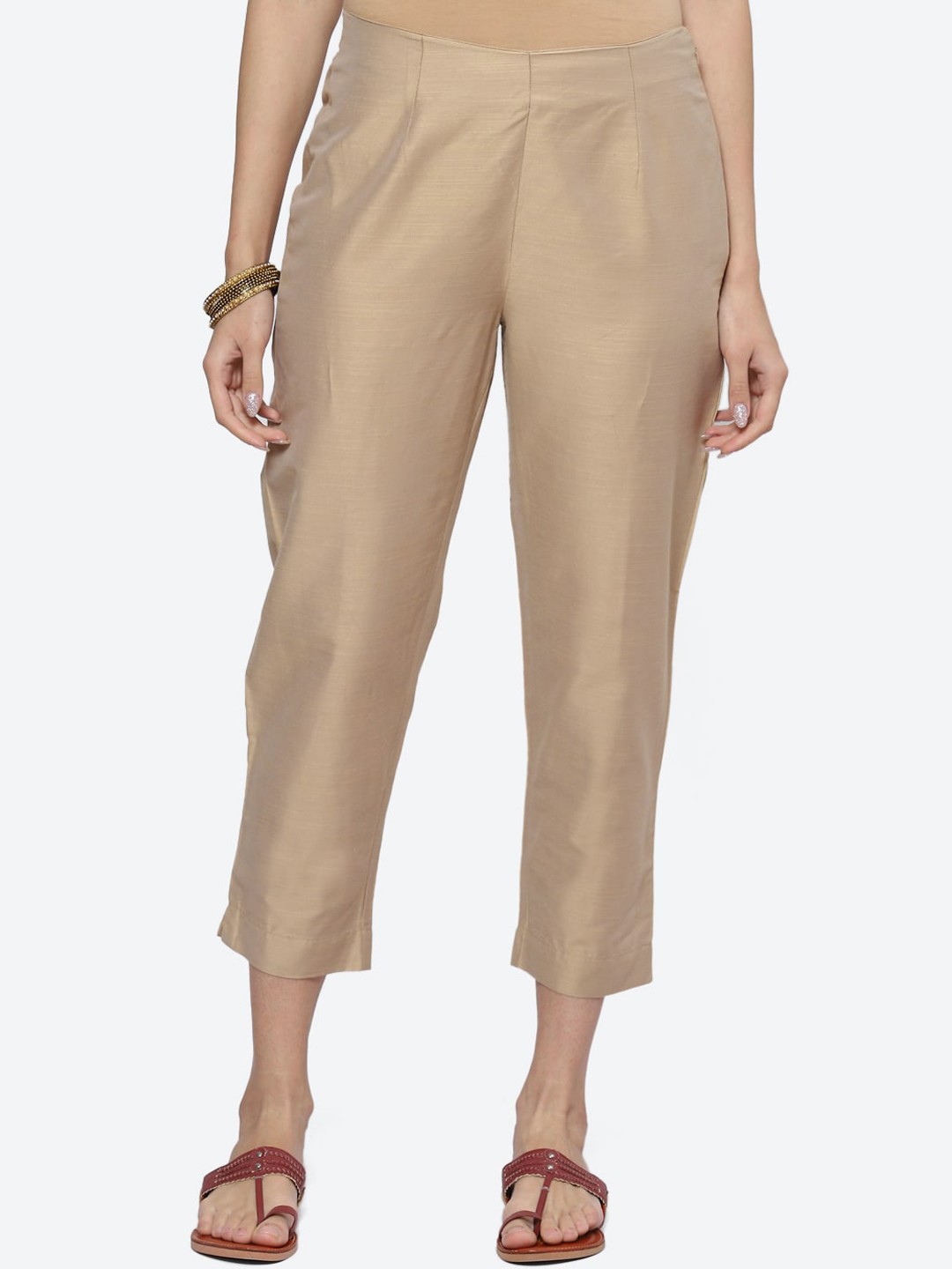 

Biba Women Relaxed Mid Rise Trousers, Gold