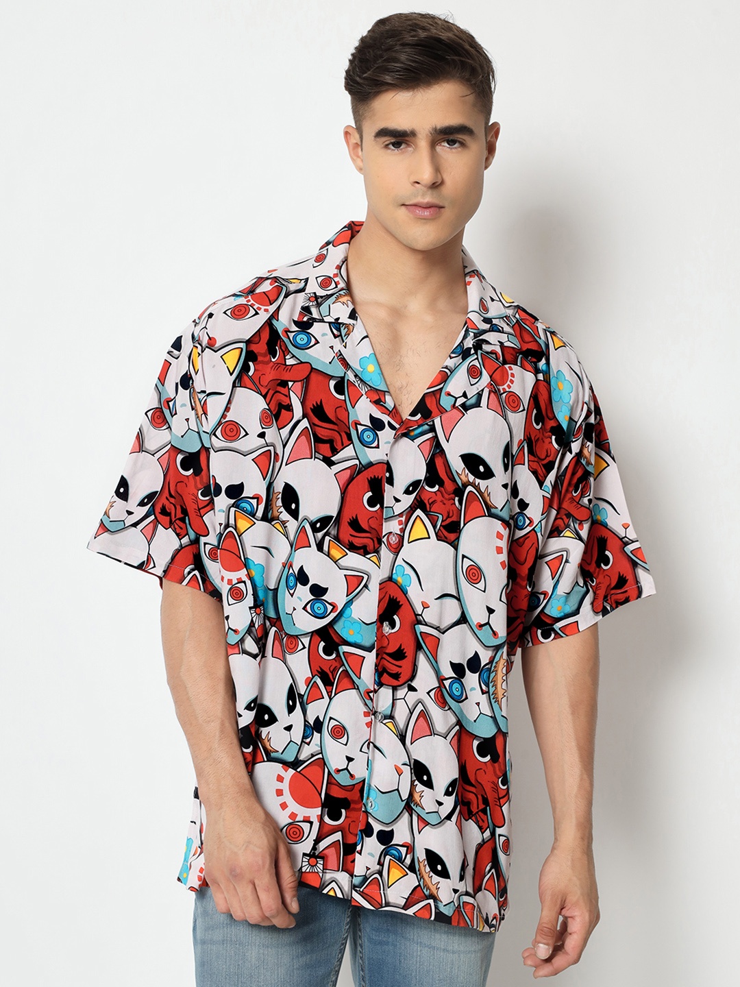 

COMICSENSE Anime Printed Demon Slayer Oversized Hawaiian Shirt, Red