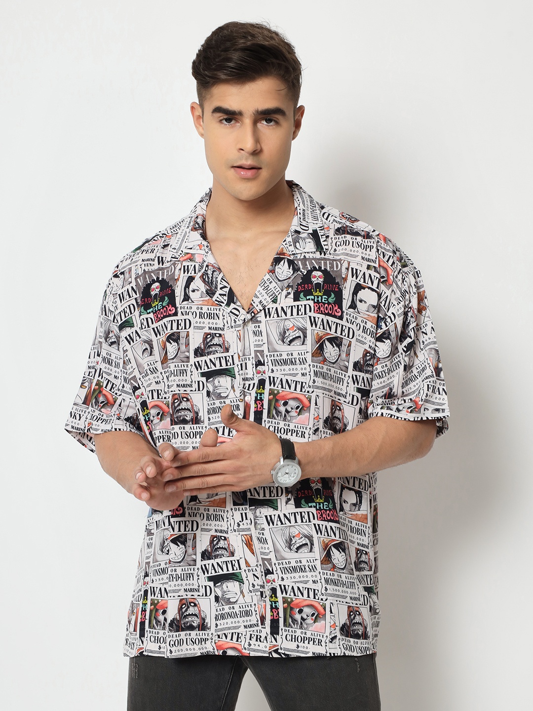 

COMICSENSE Men Anime Printed One Piece Oversized Hawaiian Shirt, Grey
