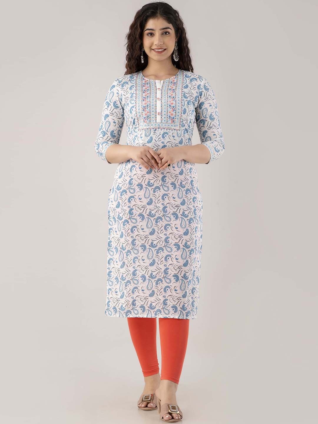 FASHION DEPTH Floral Printed Mirror Work Pure Cotton Kurta, White
