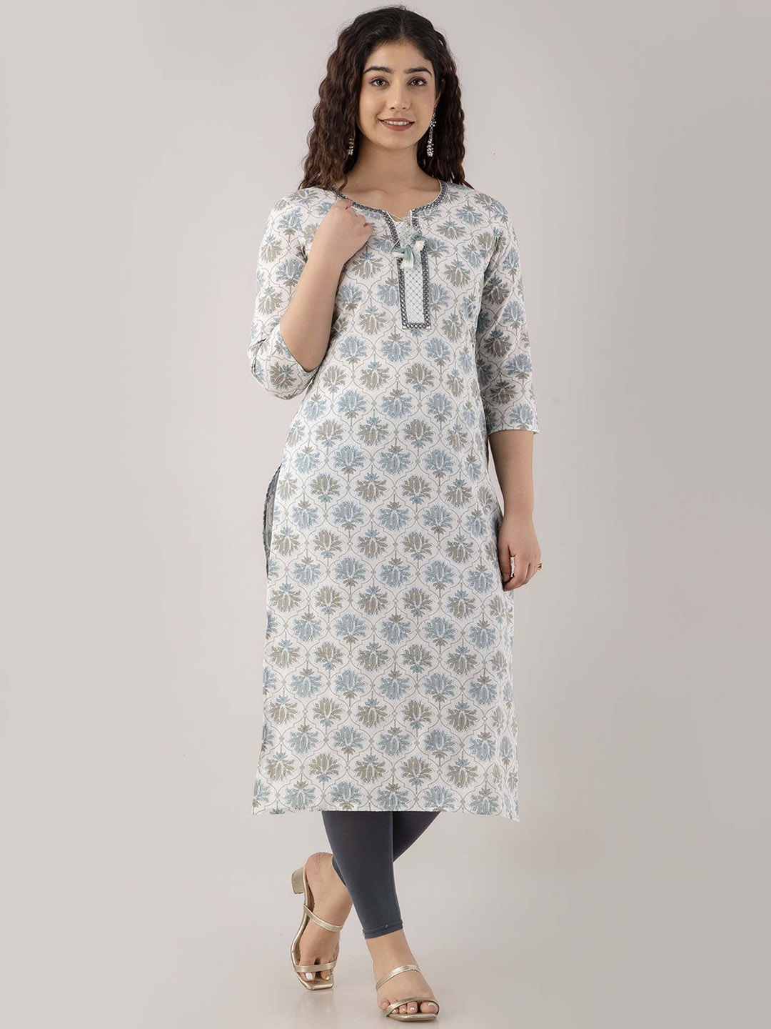 

FASHION DEPTH Ethnic Motifs Printed Mirror Work Pure Cotton Kurta, Off white