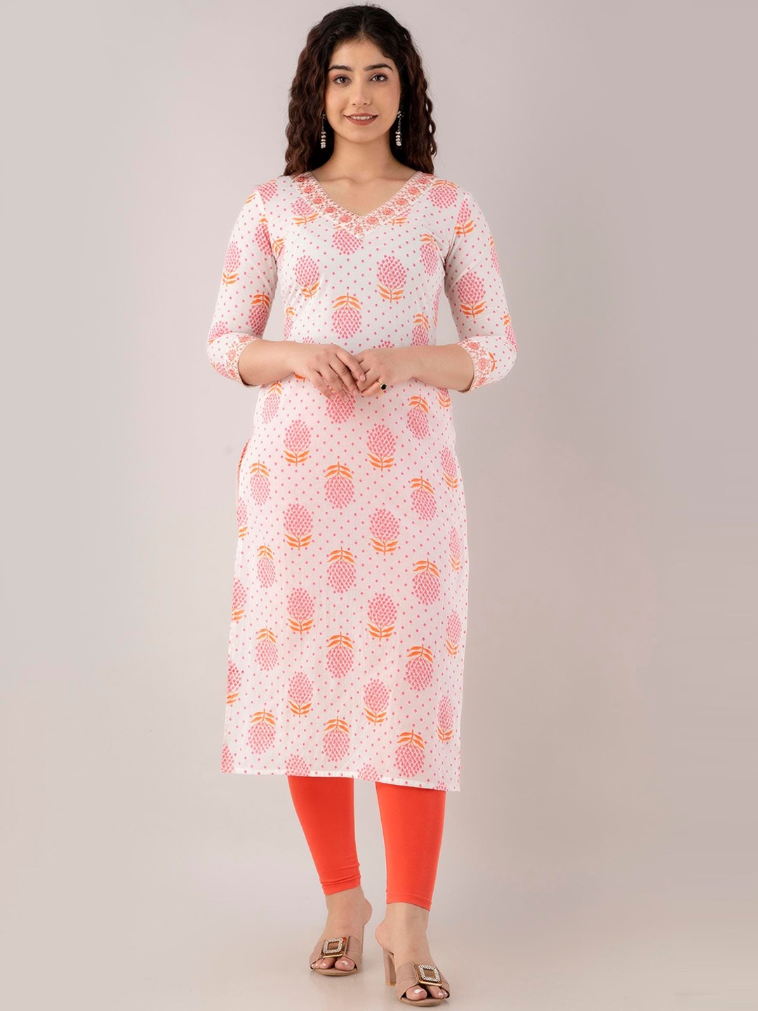 

FASHION DEPTH V-Neck Floral Printed Thread Work Pure Cotton Kurta, White