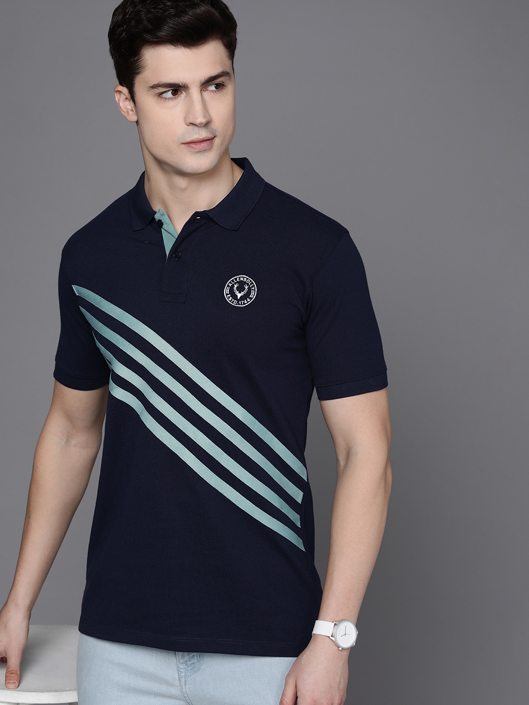 

Allen Solly Tribe Men Striped Polo Collar T-shirt, Navy blue