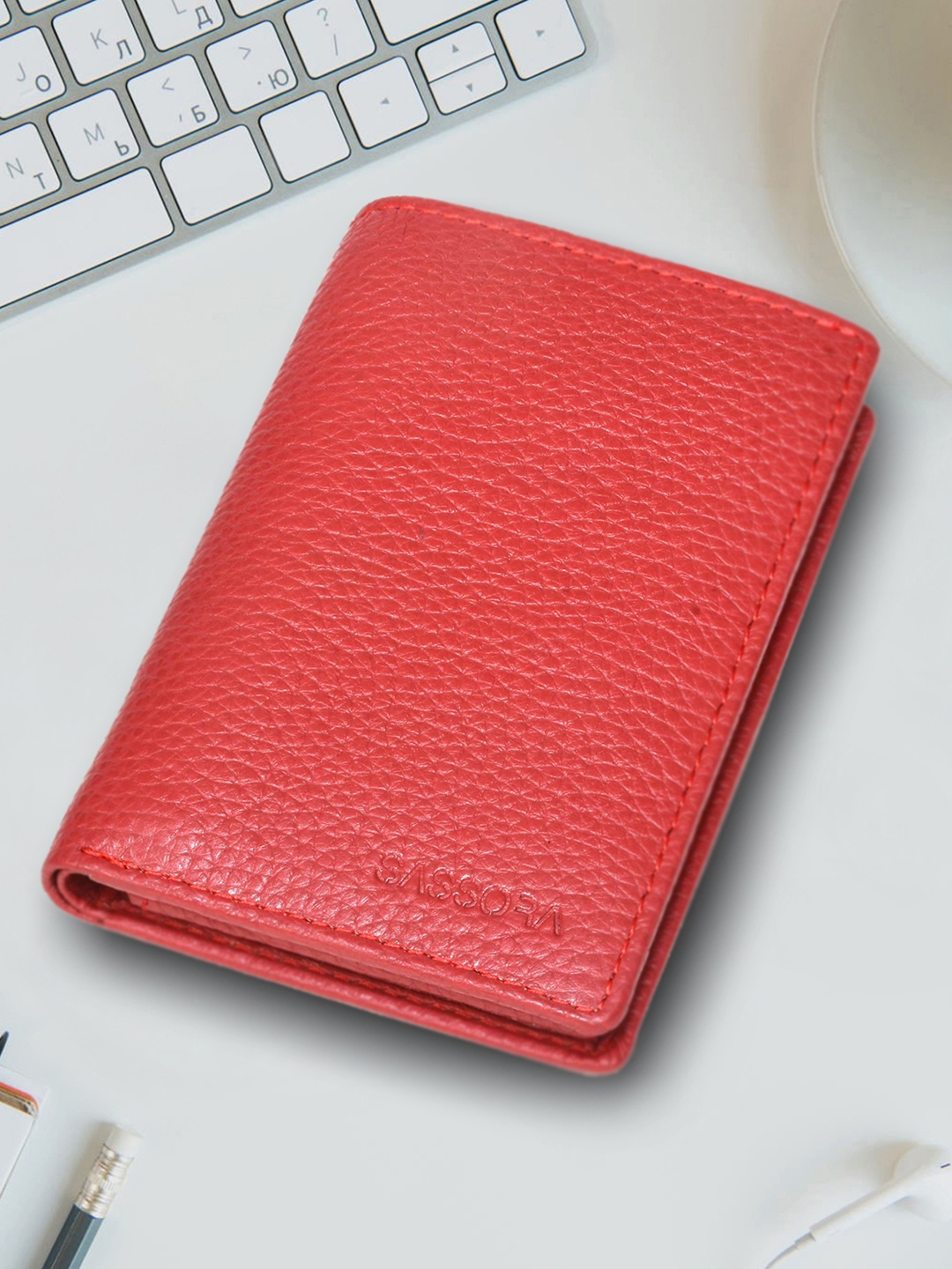 

Sassora Women Textured Leather RFID Card Holder, Red