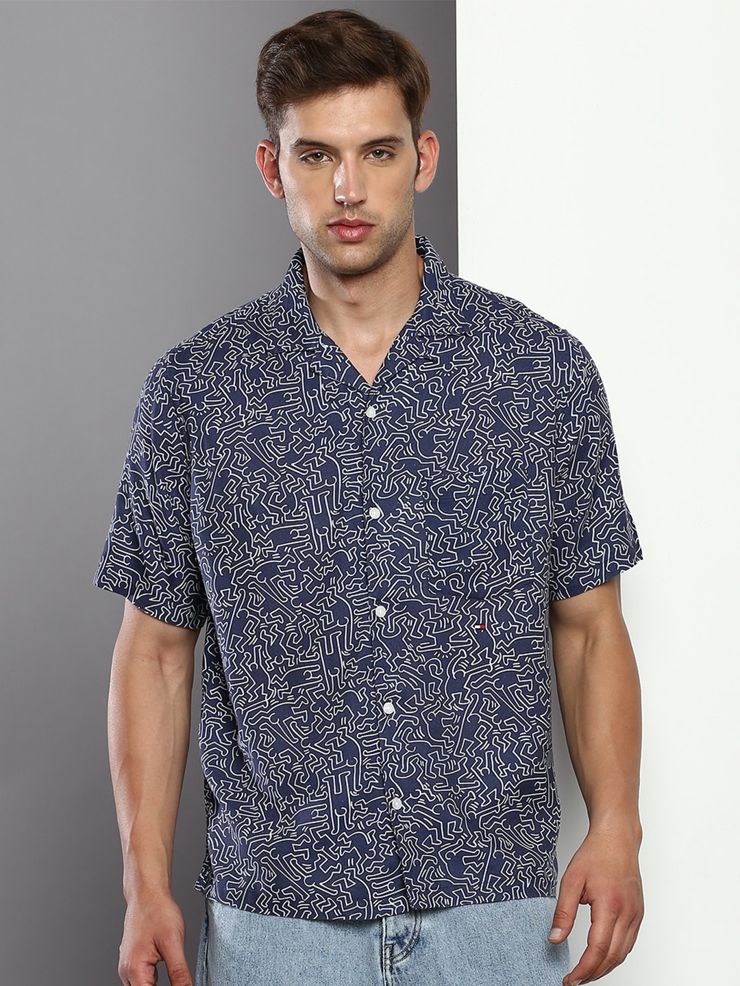 

Tommy Hilfiger Boxy Graphic Printed Cuban Collar Casual Shirt, Navy blue