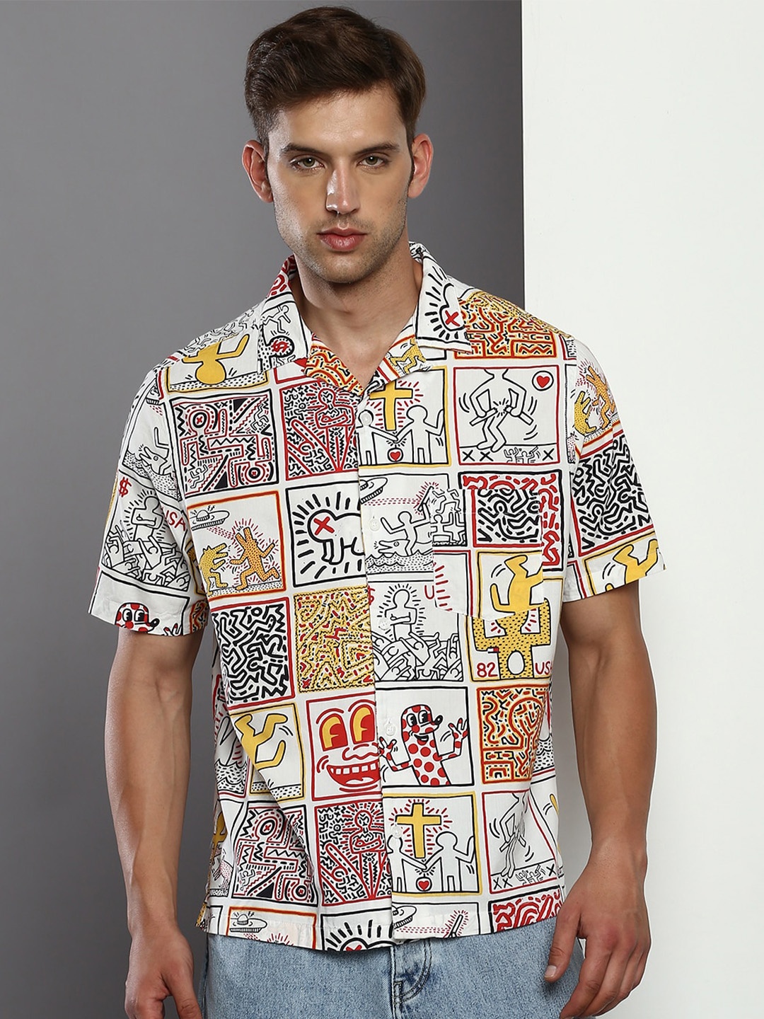 

Tommy Hilfiger Boxy Graphic Printed Cuban Collar Casual Shirt, Yellow