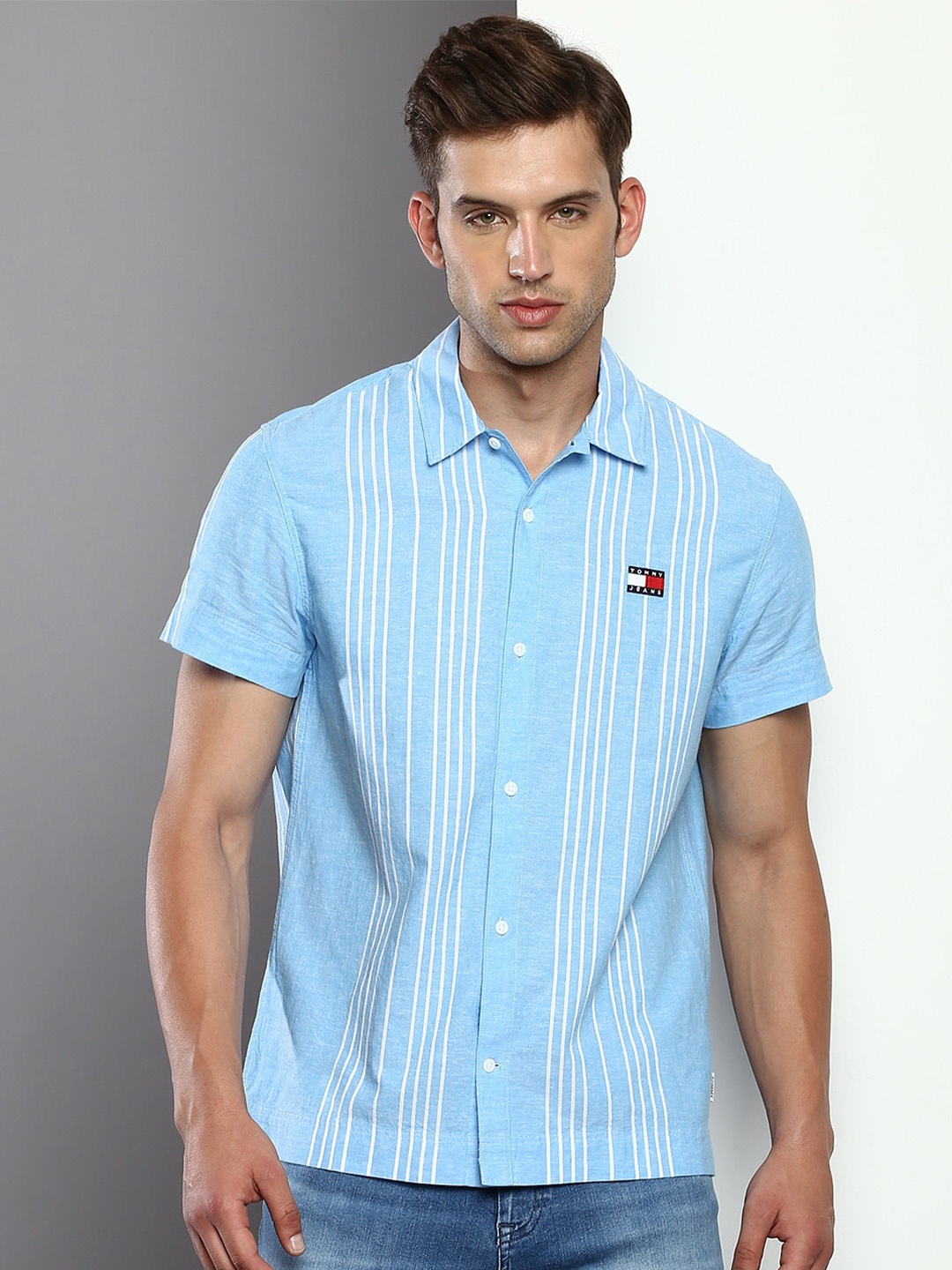 

Tommy Hilfiger Vertical Striped Cotton Linen Casual Shirt, Blue