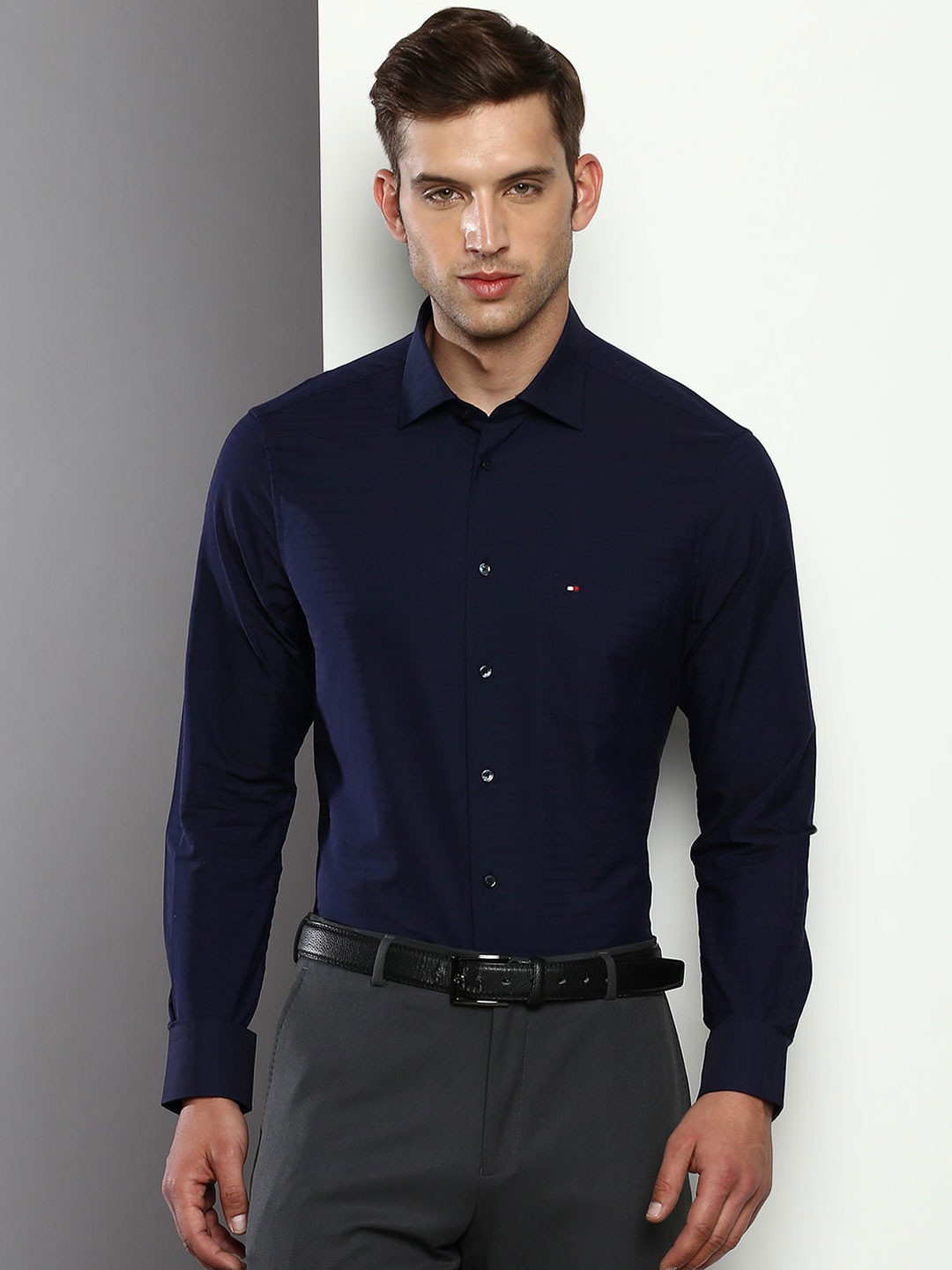 

Tommy Hilfiger Horizontal Striped Pure Cotton Formal Shirt, Navy blue