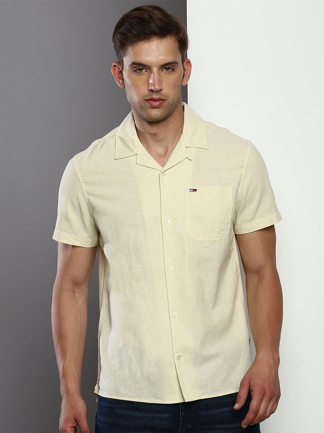 

Tommy Hilfiger Cuban Collar Short Sleeves Cotton Linen Casual Shirt, Yellow