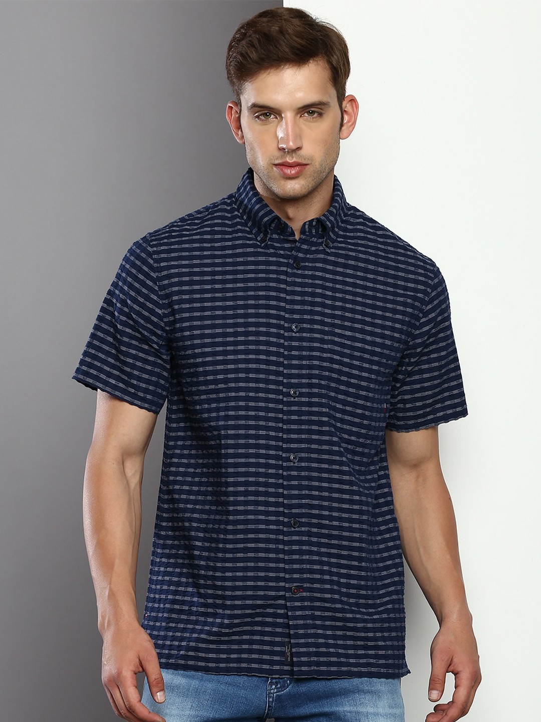 

Tommy Hilfiger Checked Button-Down Collar Seersucker Weave Casual Shirt, Navy blue
