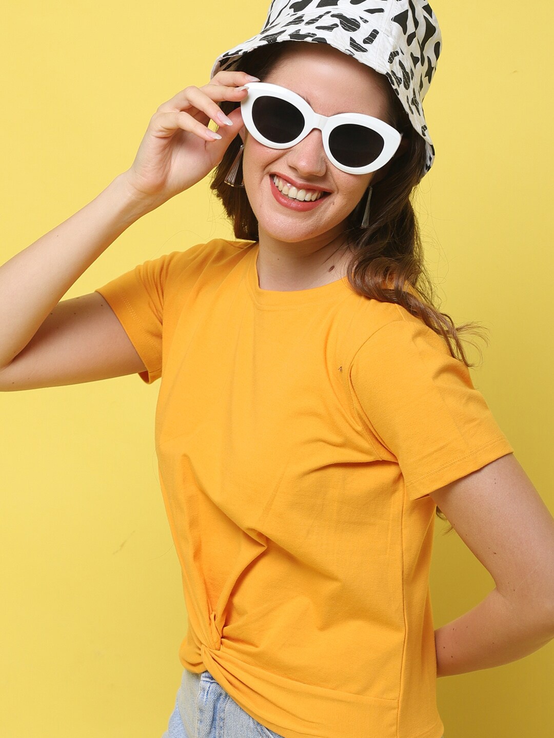 

DOOR74 Round Neck Twisted Cotton T-shirt, Orange