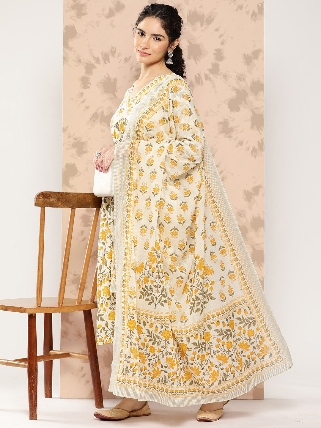 

KALINI Women Floral Printed Empire Pure Cotton Kurta with Trousers & With Dupatta, Yellow