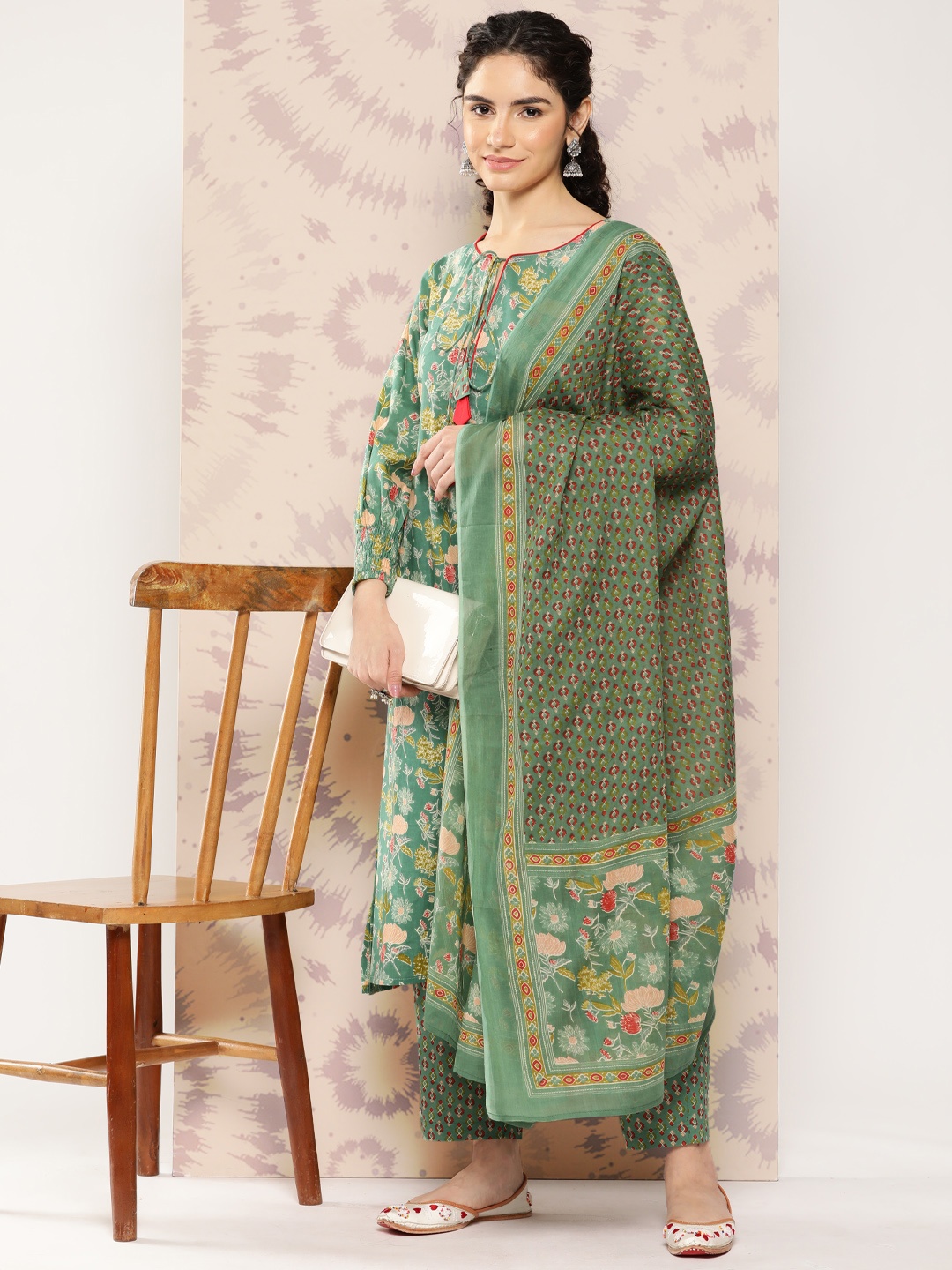 

KALINI Women Floral Printed Regular Pure Cotton Kurta with Palazzos & With Dupatta, Green