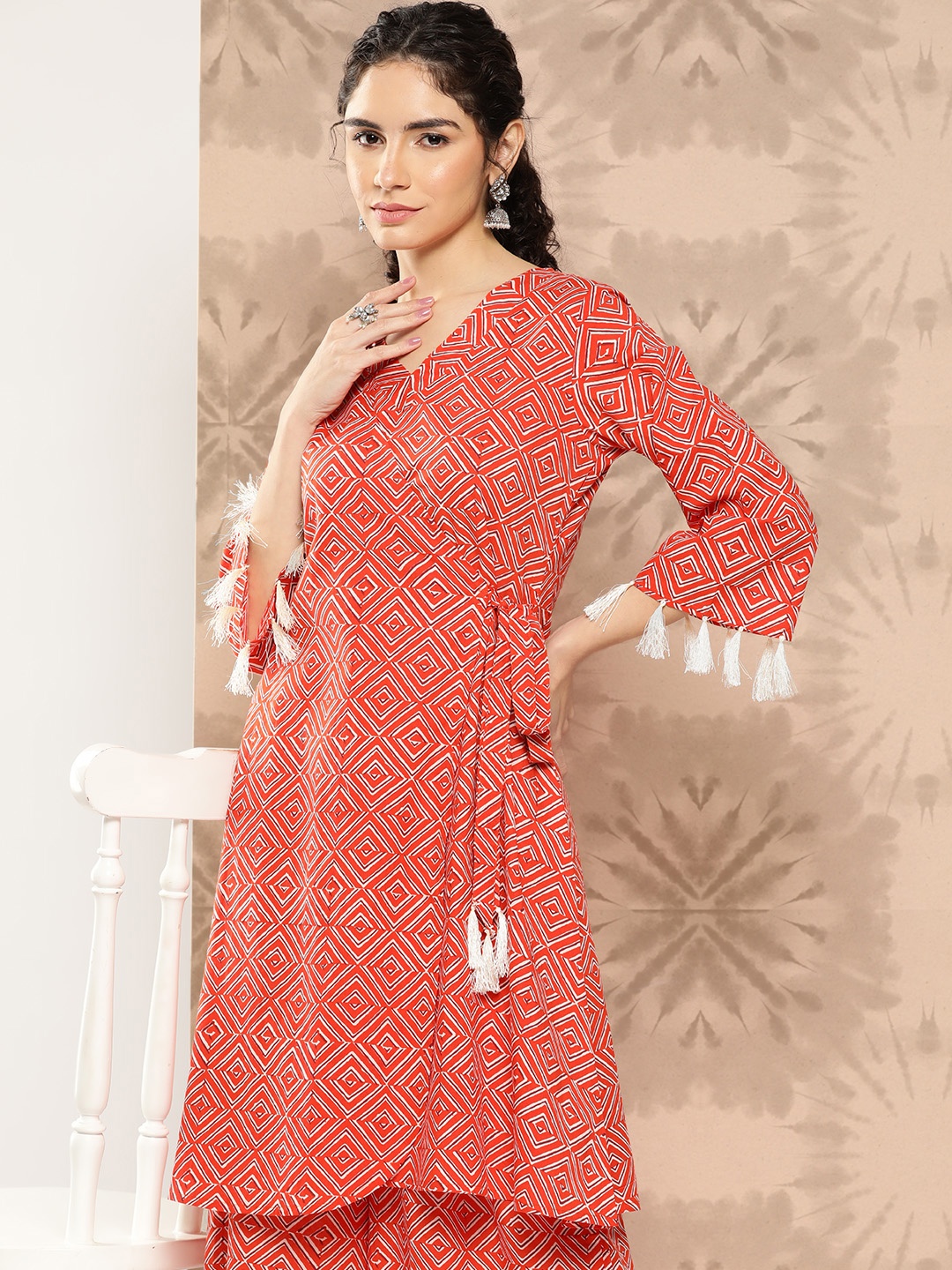 

KALINI Women Printed Angrakha Pure Cotton Kurta with Palazzos, Orange
