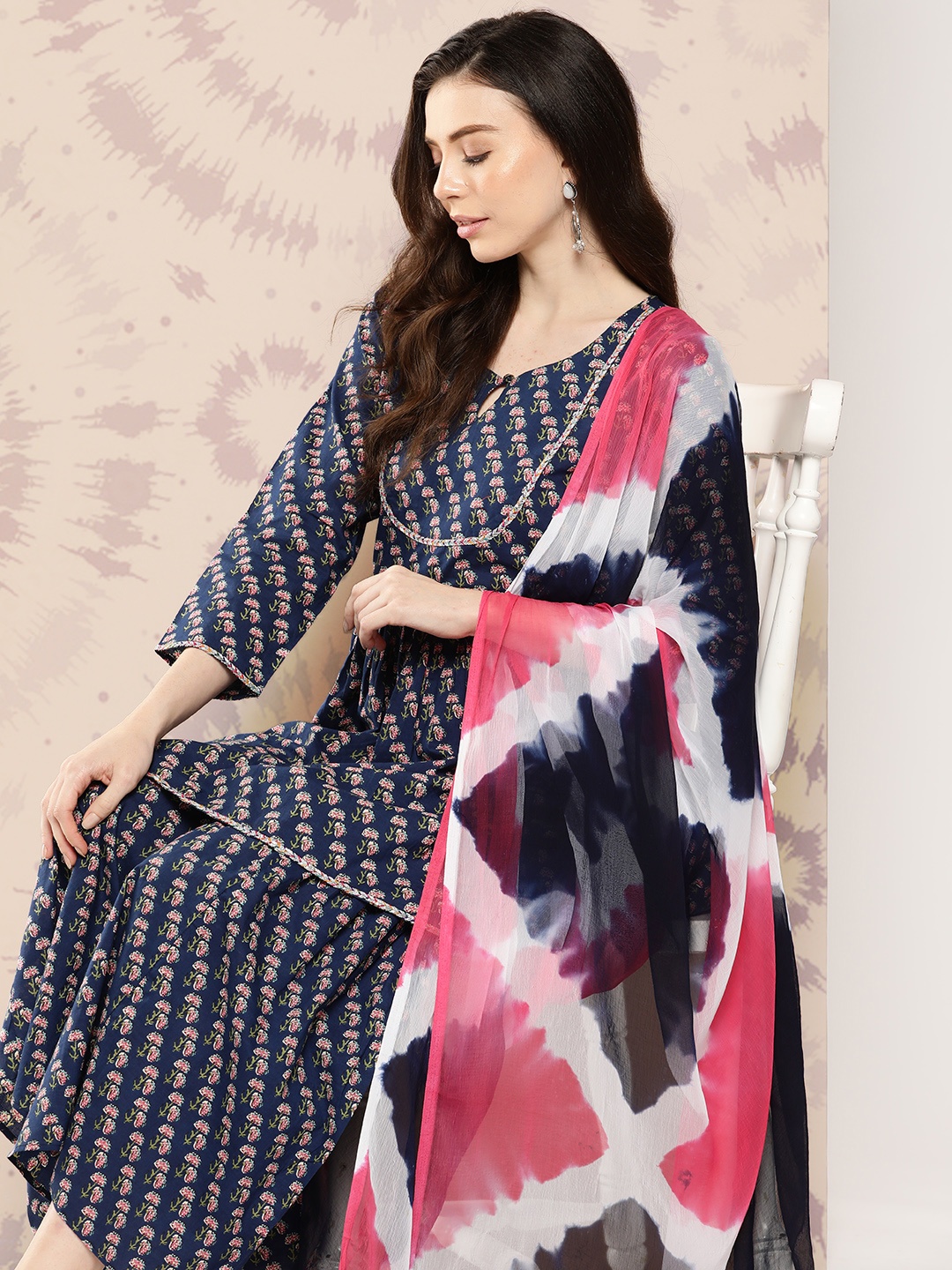 

KALINI Women Floral Printed Empire Pure Cotton Kurta with Sharara & With Dupatta, Navy blue