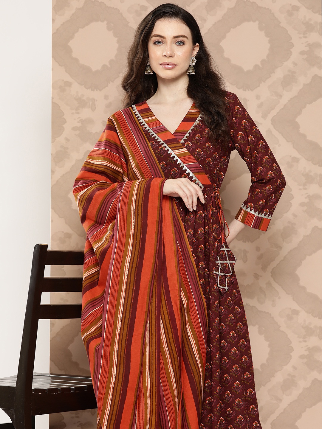 

KALINI Floral Printed Angrakha Sequinned Pure Cotton Kurta with Palazzos & Dupatta, Coffee brown