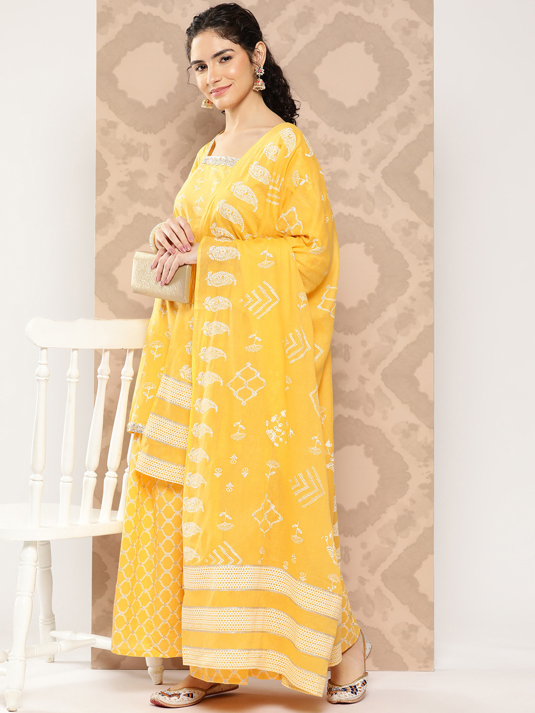

KALINI Ethnic Motifs Printed Sequinned Pure Cotton Kurta with Palazzos & Dupatta, Yellow