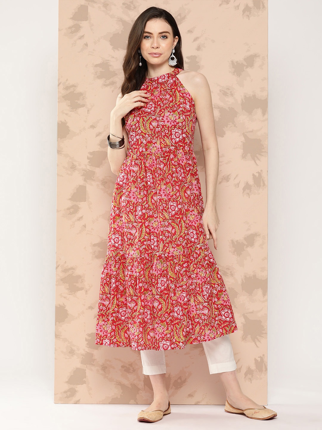 

KALINI Floral Printed Halter Neck Pastels Anarkali Kurta, Red