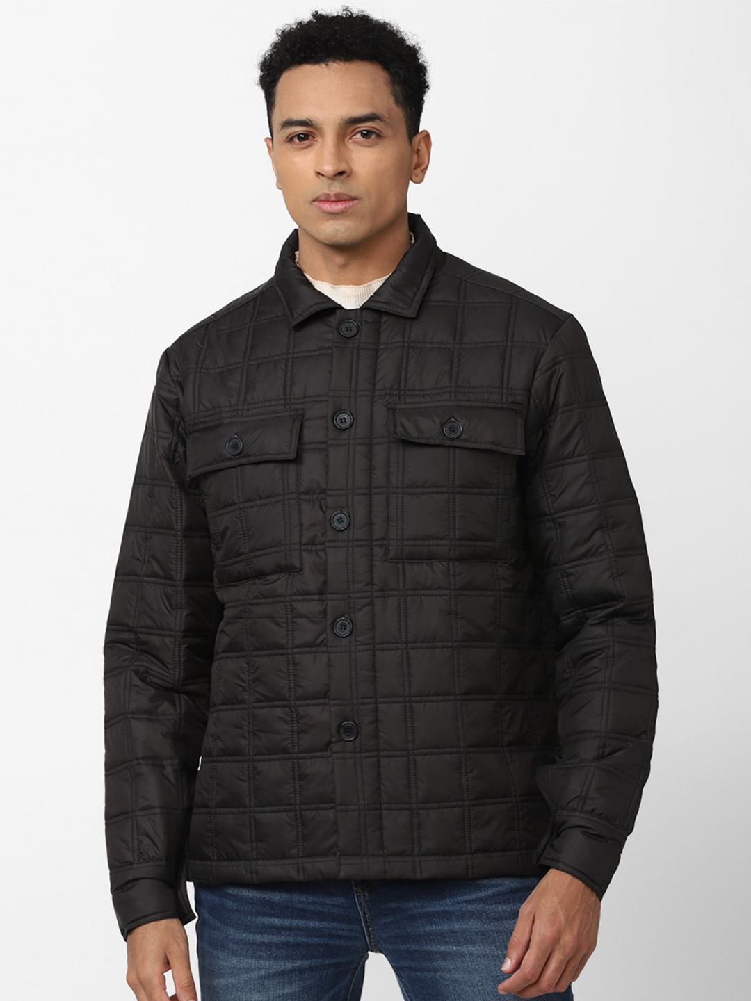

FOREVER 21 Black Spread Collar Quilted Jacket