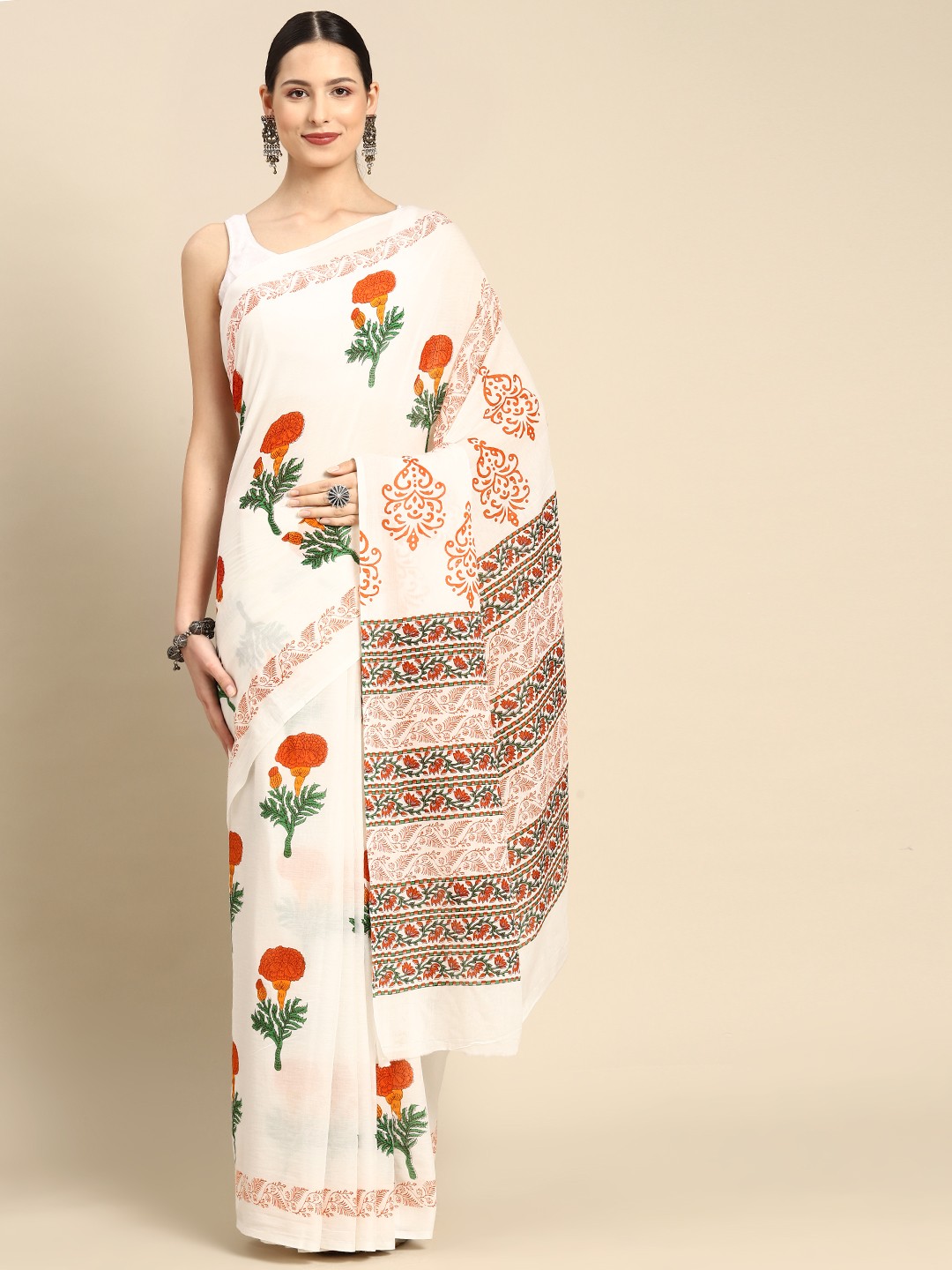 

BUTA BUTI Floral Pure Cotton Saree, Orange