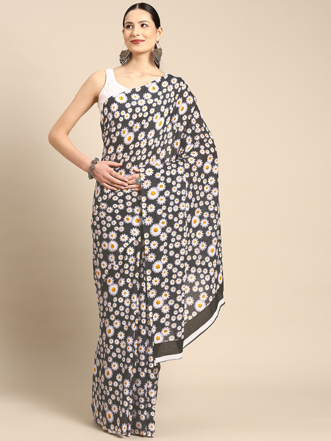 

BUTA BUTI Floral Pure Cotton Saree, Black