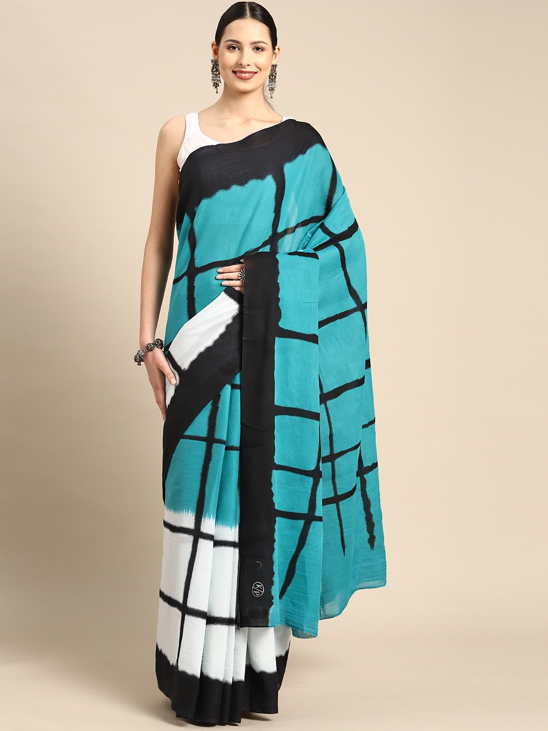 

BUTA BUTI Checked Pure Cotton Saree, Green