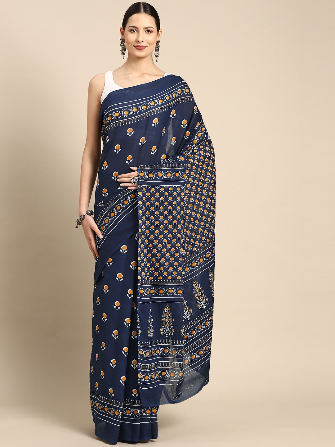 

BUTA BUTI Floral Pure Cotton Saree, Navy blue