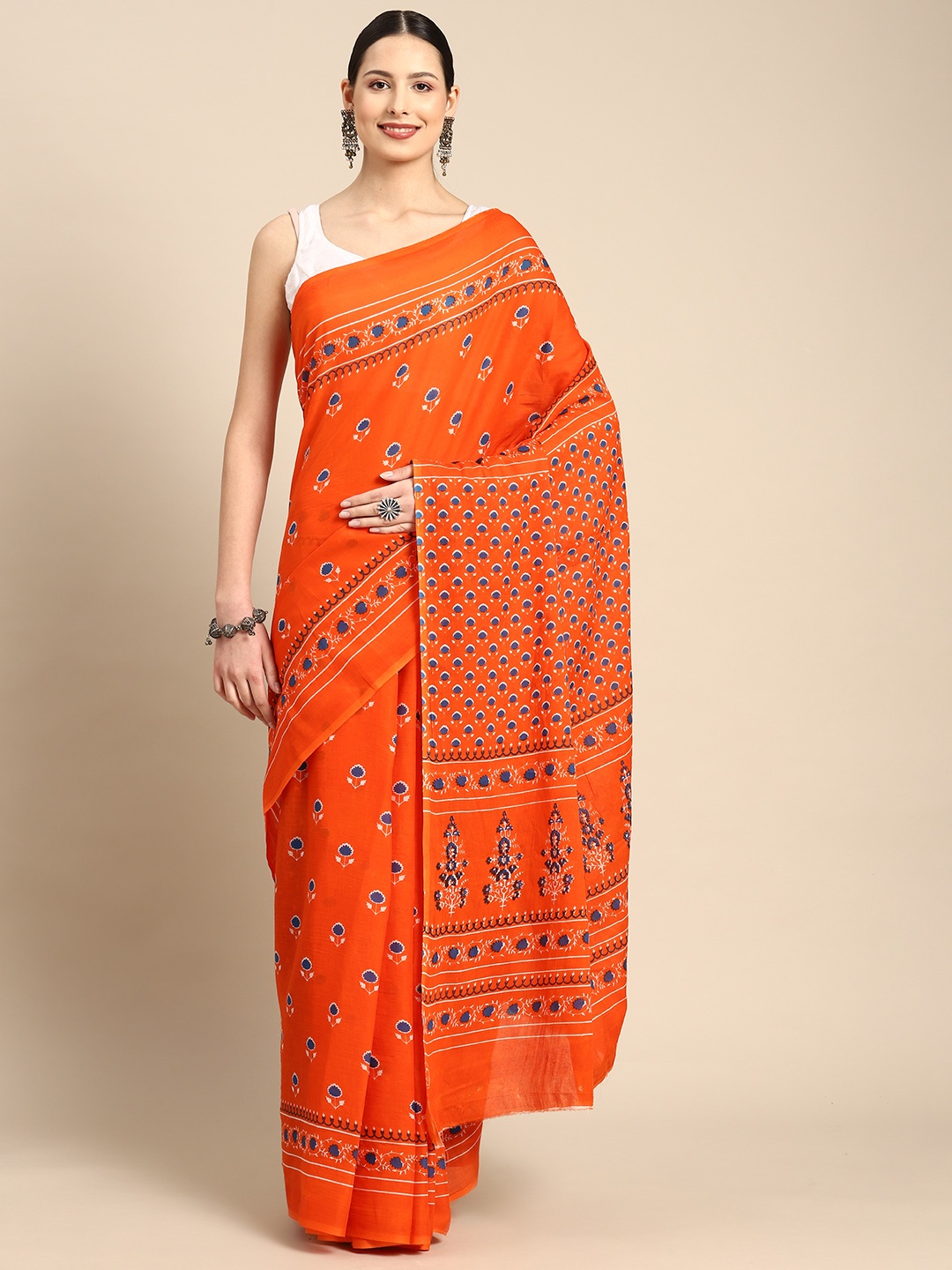 

BUTA BUTI Floral Printed Pure Cotton Saree, Orange