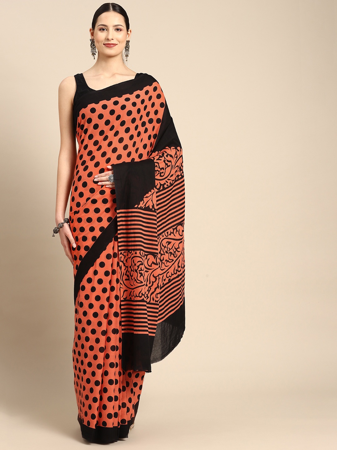 

BUTA BUTI Polka Dot Printed Pure Cotton Saree, Orange